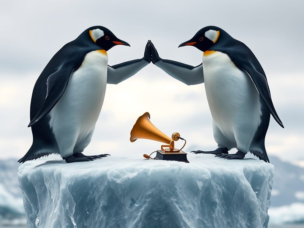 Elegant Penguins Dance Under Overcast Skies in a Whimsical 8...
