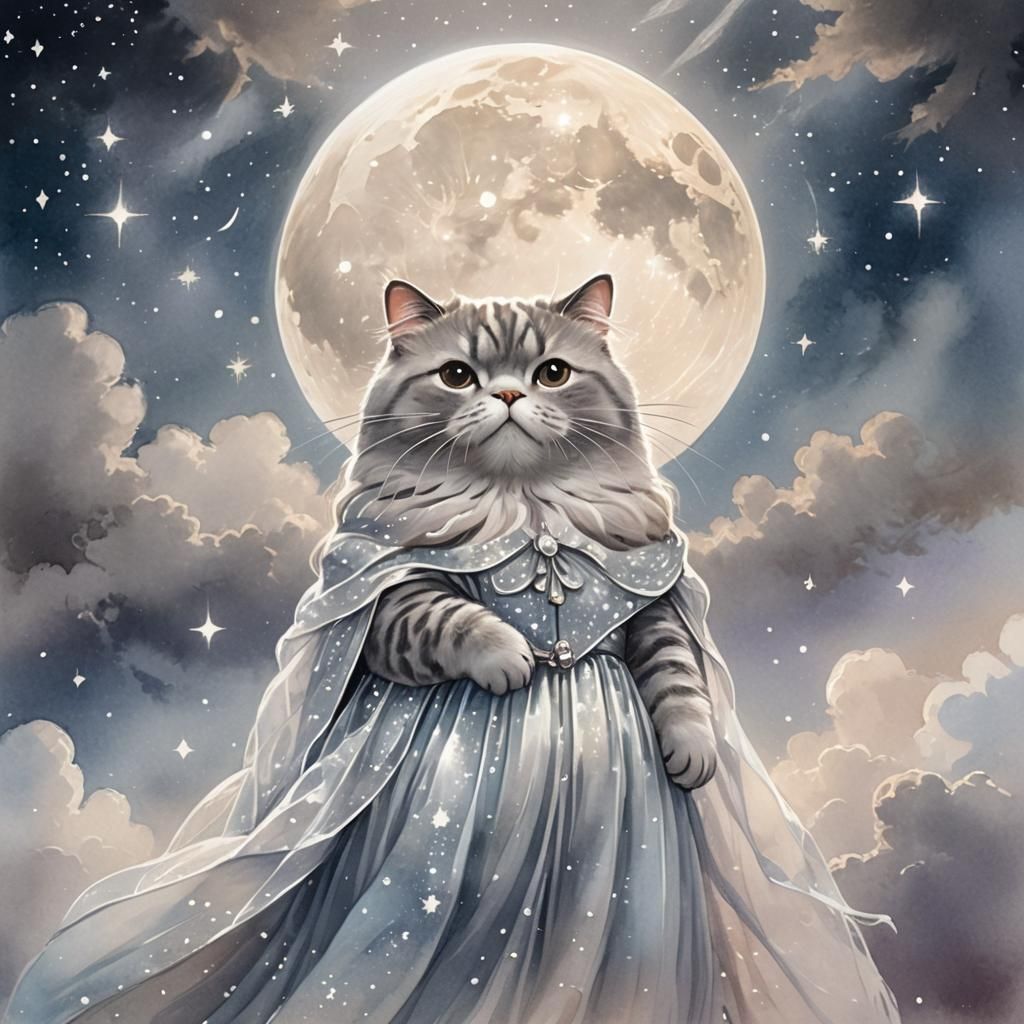 Pusheen as Moon Goddess in Watercolor Style