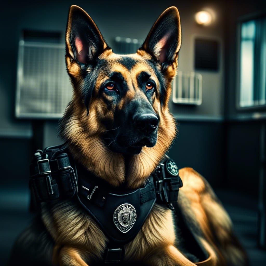 A German Shepard k-9 in a police department intricate details, HDR, beautifully shot, hyperrealistic, sharp focus, 64 me...
