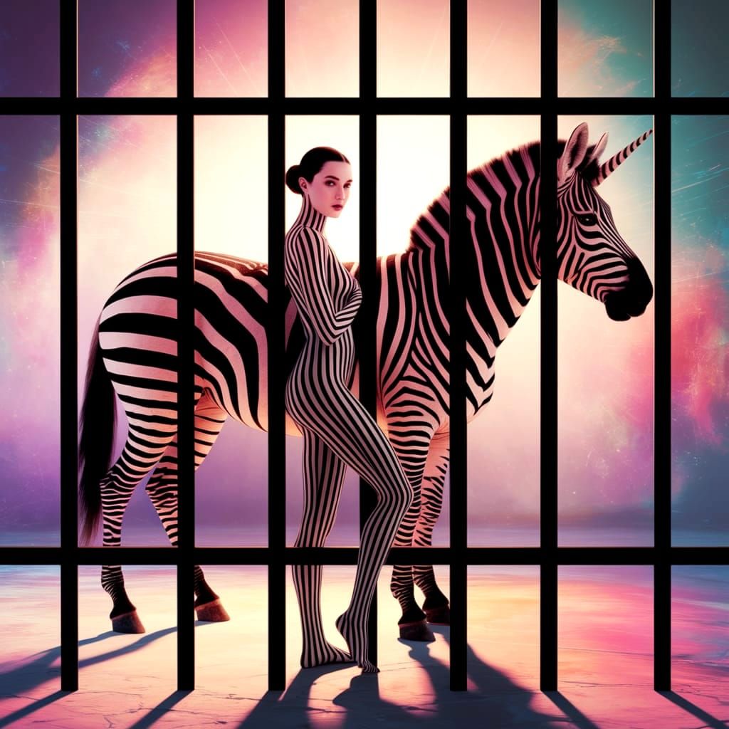 Merging Striped Goddess and Unicorn in a Dreamlike Scene