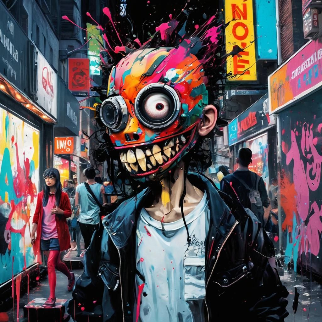 Grotesque Figure in Dystopian Street Scene as Impasto