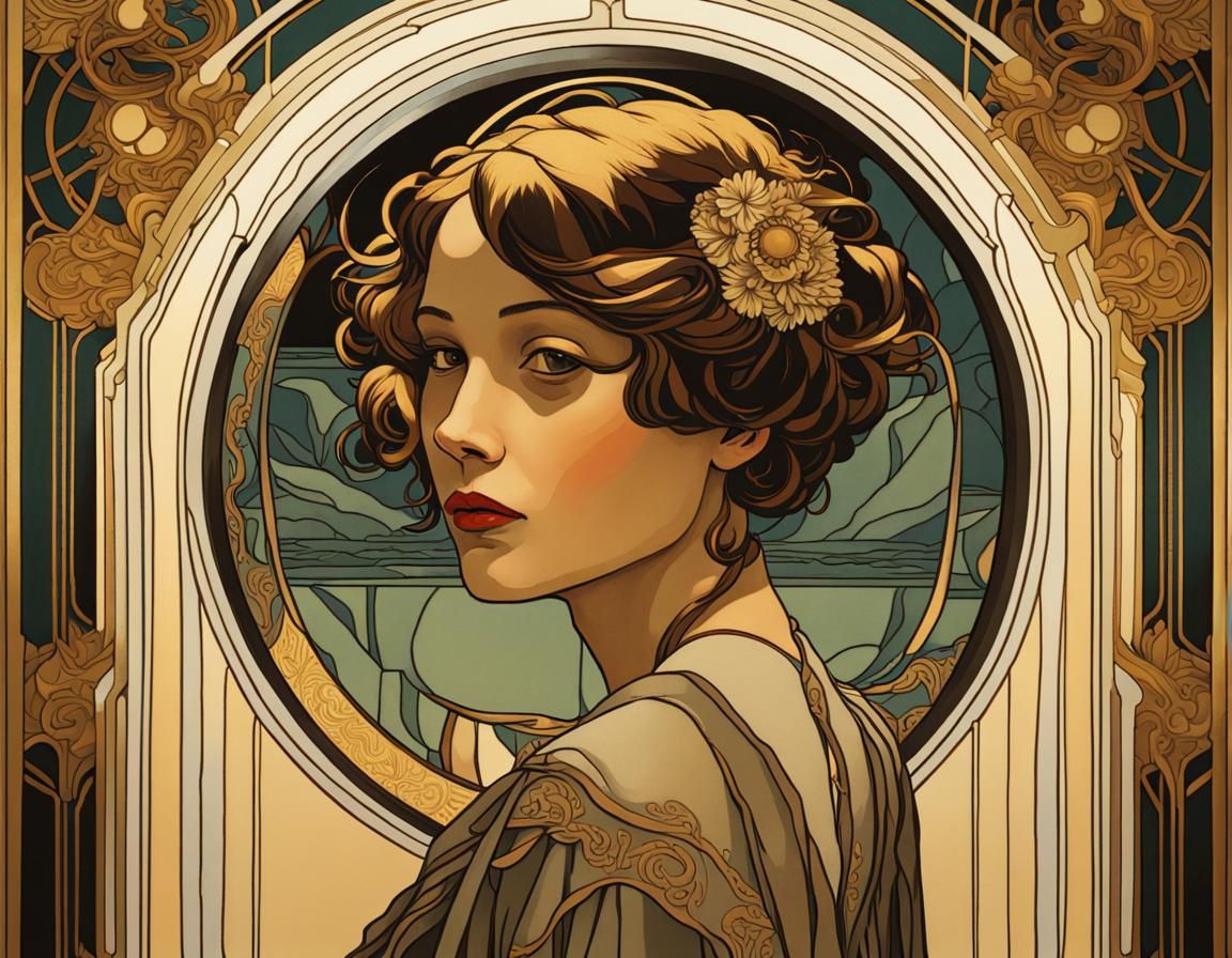 Girl in Dark Mirror: Art Deco Detailed Painting