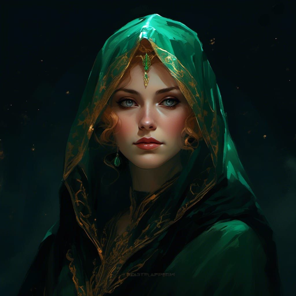 Female Comic Book Character in Turquoise and Gold