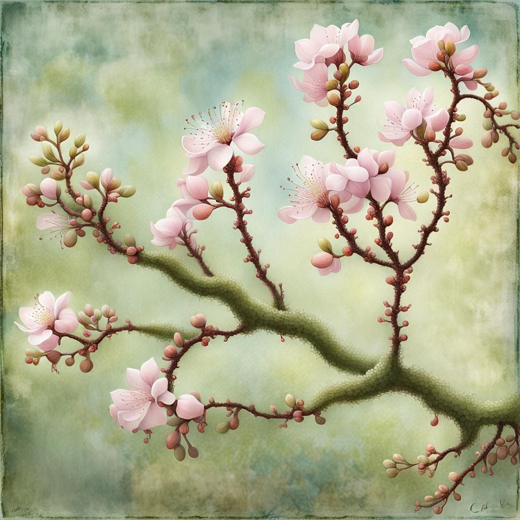 Tamarind Tree Branch in Bloom: Muted Pastel Art