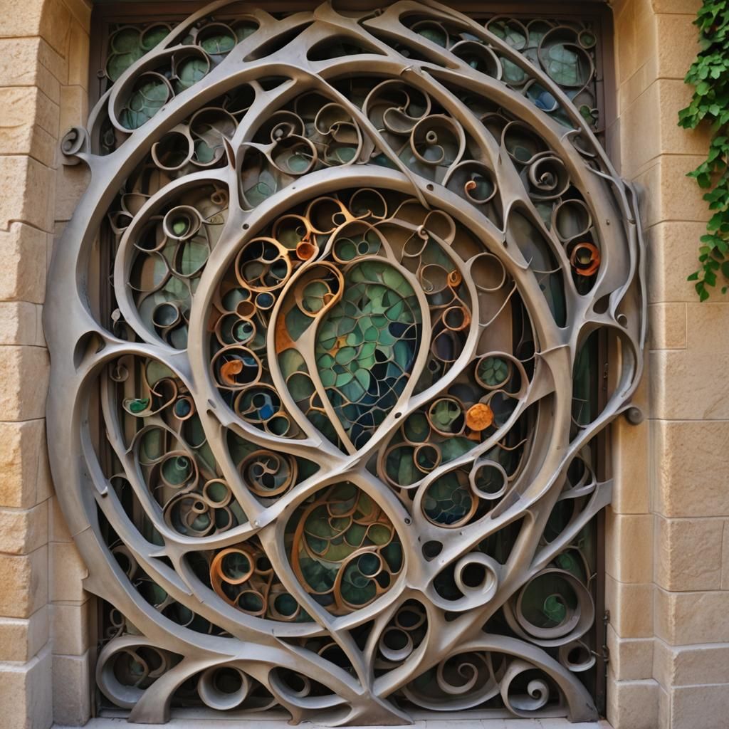 Art by Gaudi, Frank Lloyd Wright, architectural metalwork, ornamental iron gates, art nouveau influence, fluid organic f...