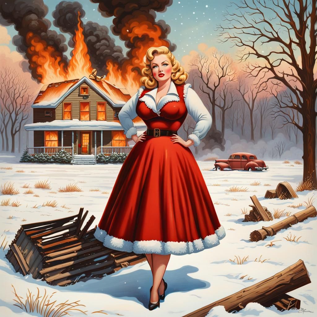 Curvy Pinup Girl Amidst Burning Home, Vintage Kitsch