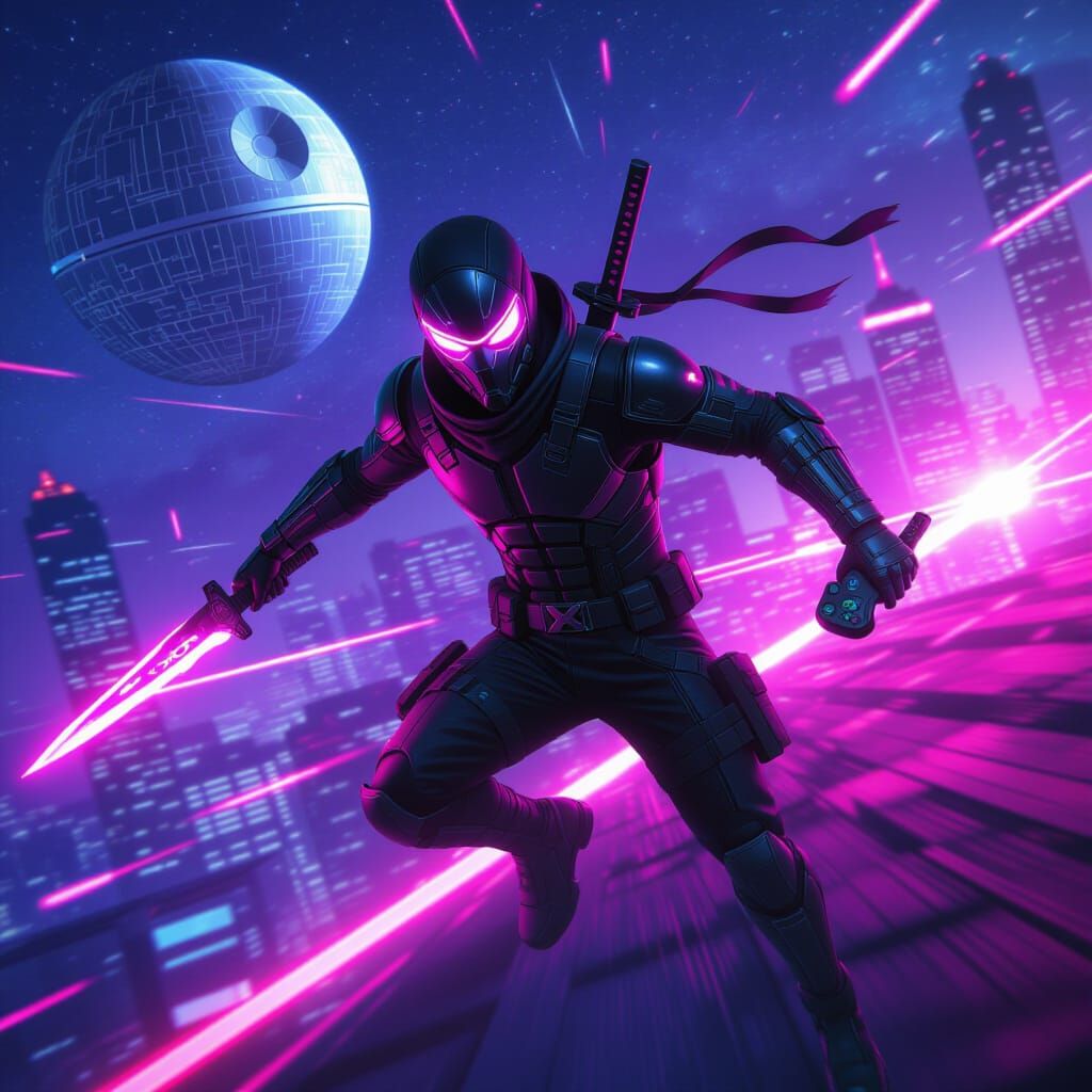 Cyberpunk Ninja on Digital City Rooftops