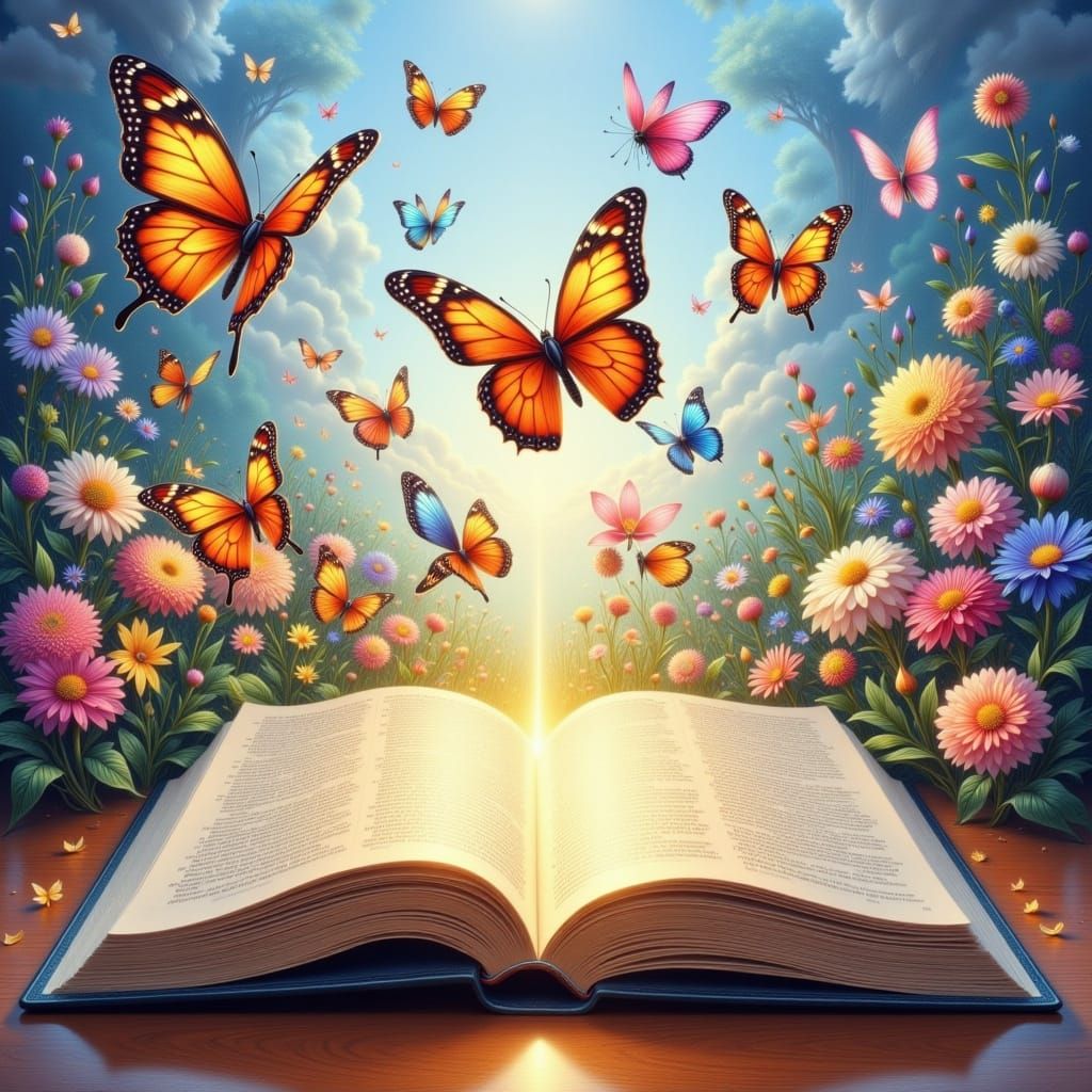 Magical Open Book with Butterflies Emerging, Colored Pencil ...