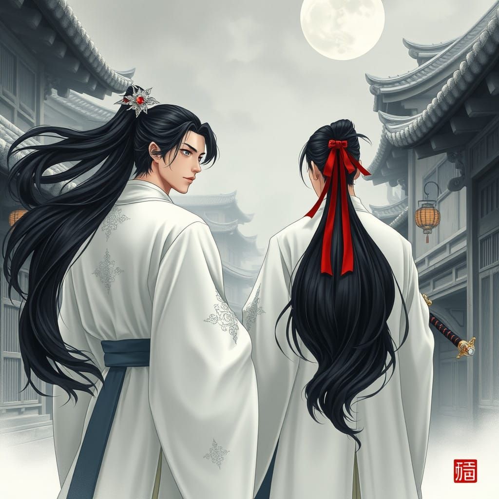 Elegant Asian Warriors Amidst Traditional Chinese Village