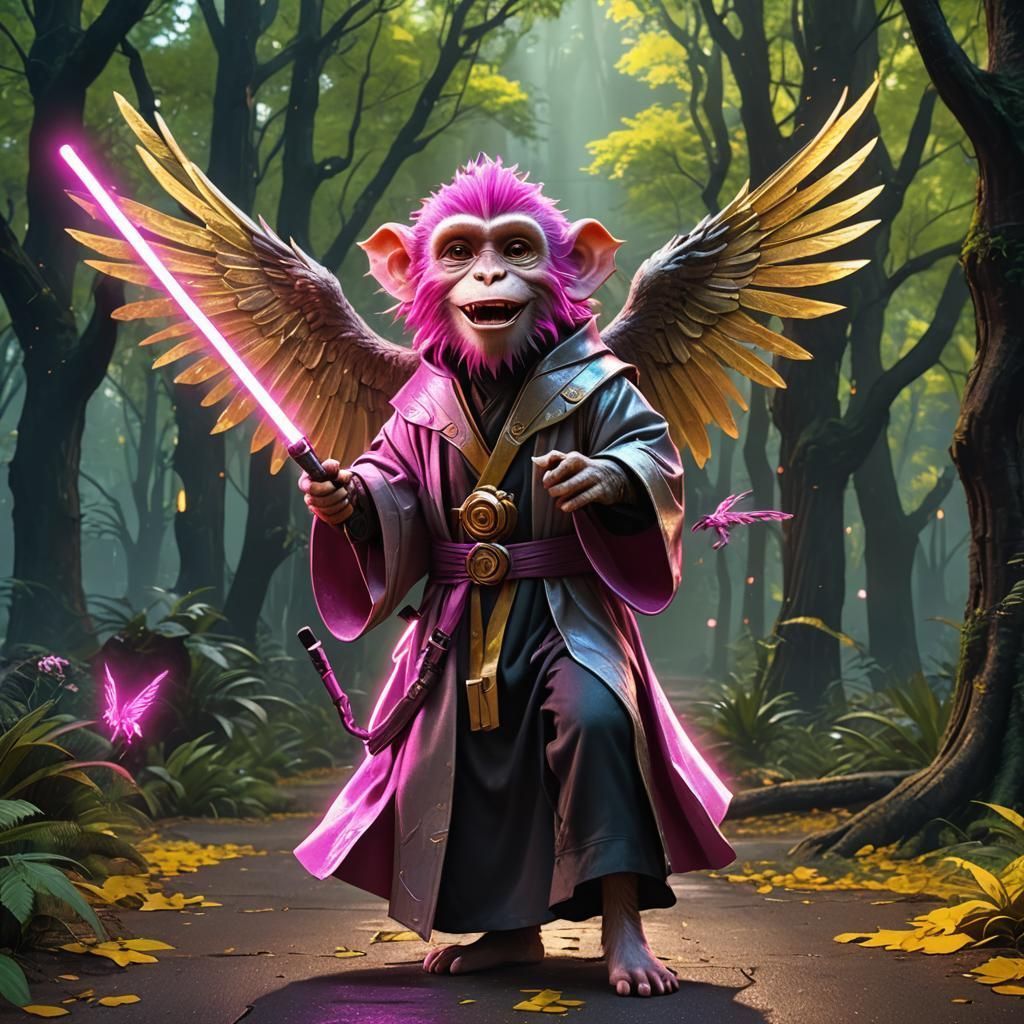 Cyberpunk Jedi Monkey in Neon Wizard of Oz Forest