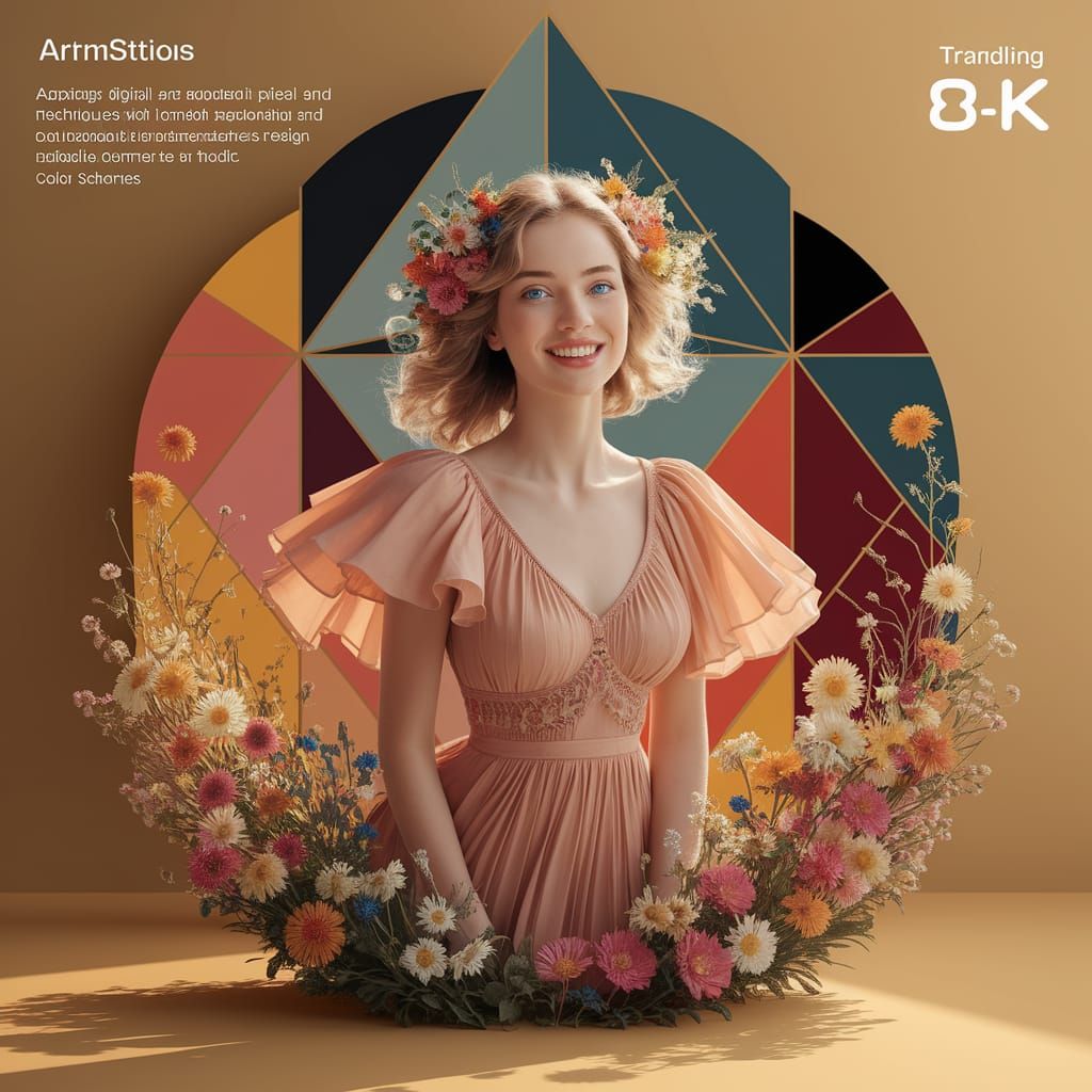 Cheerful Woman in Bauhaus-Inspired Folk Art