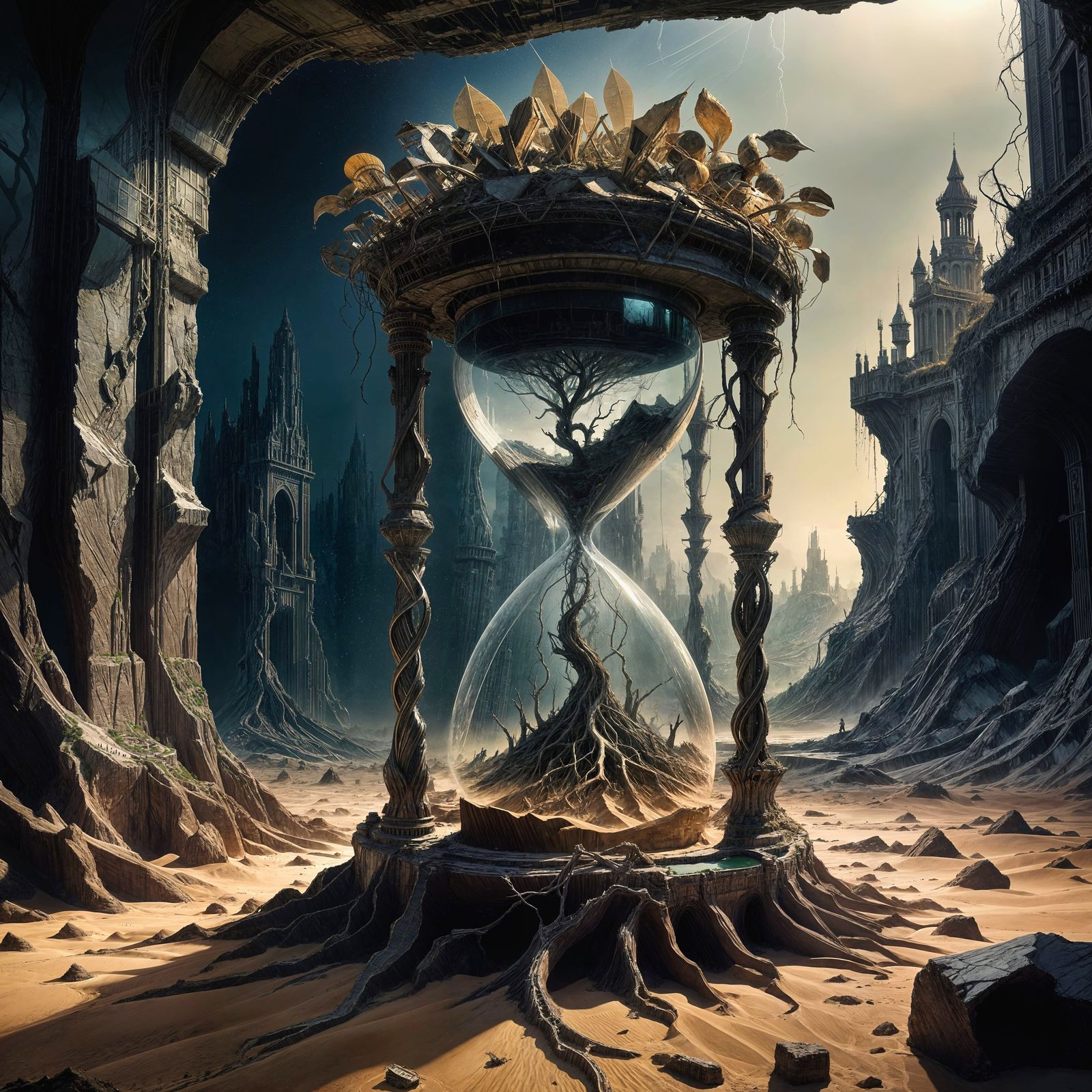 Surreal Hourglass of Civilization's Decline in a Barren Wast...