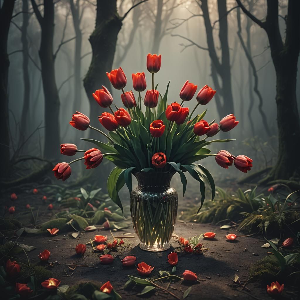 Red Tulips in Moonlight: Hyperrealistic Digital Art