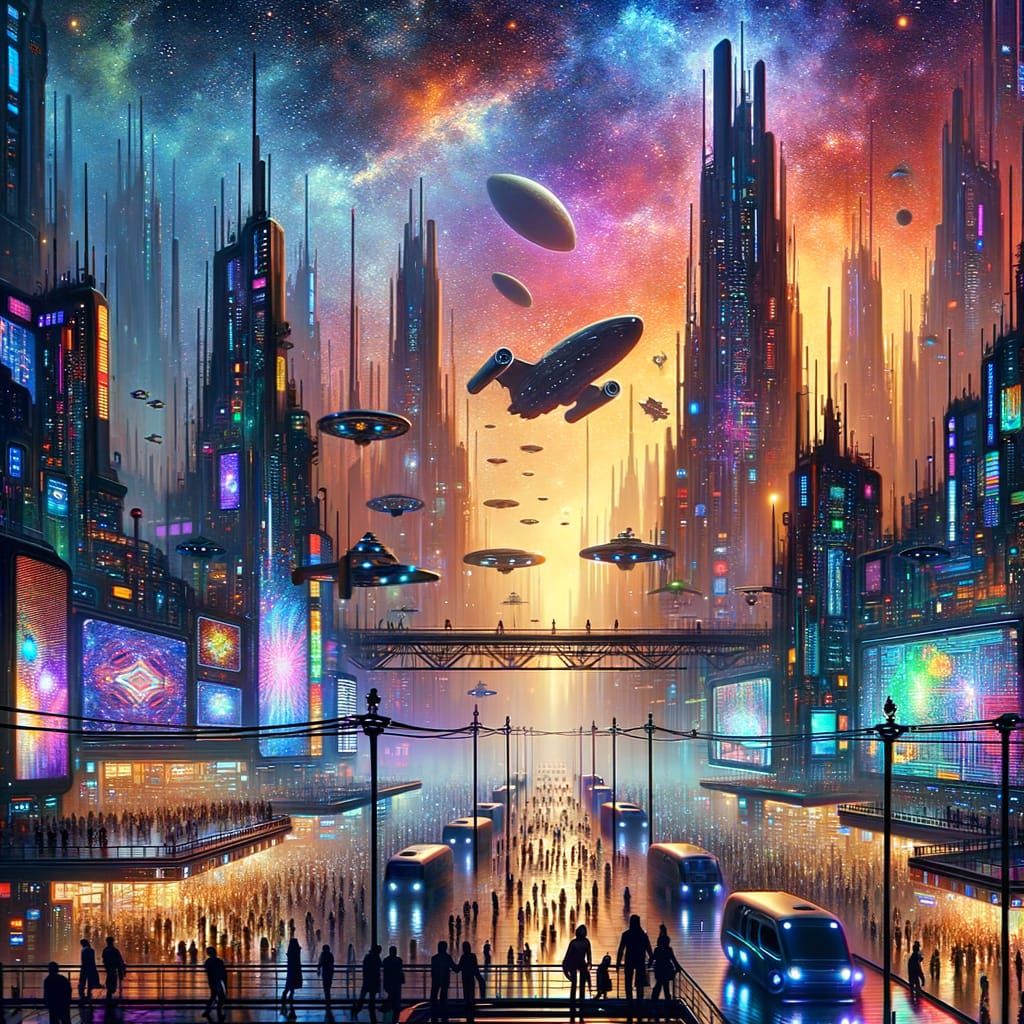 Vibrant Sci-Fi Metropolis Amidst a Dazzling Nebula Sky