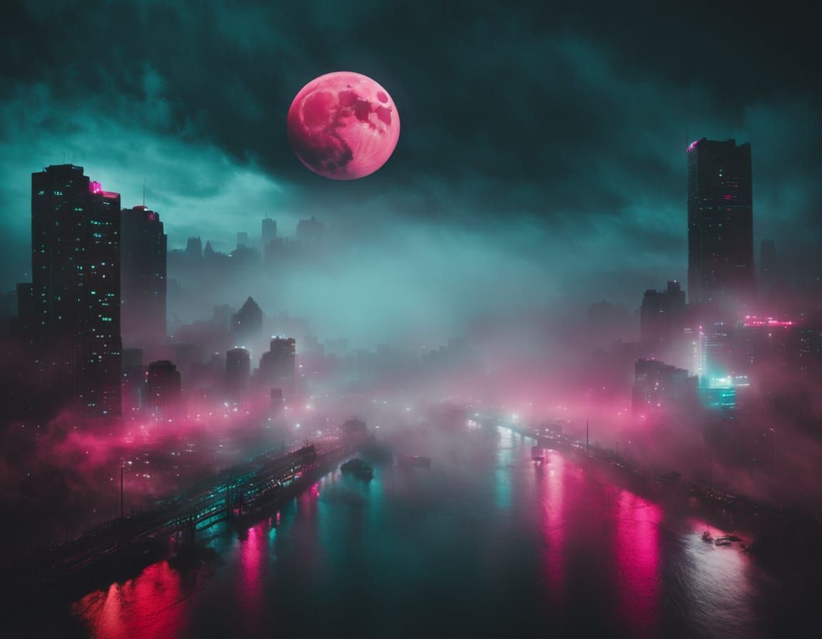 Futuristic Cityscape with Neon Lights in Impressionist Style