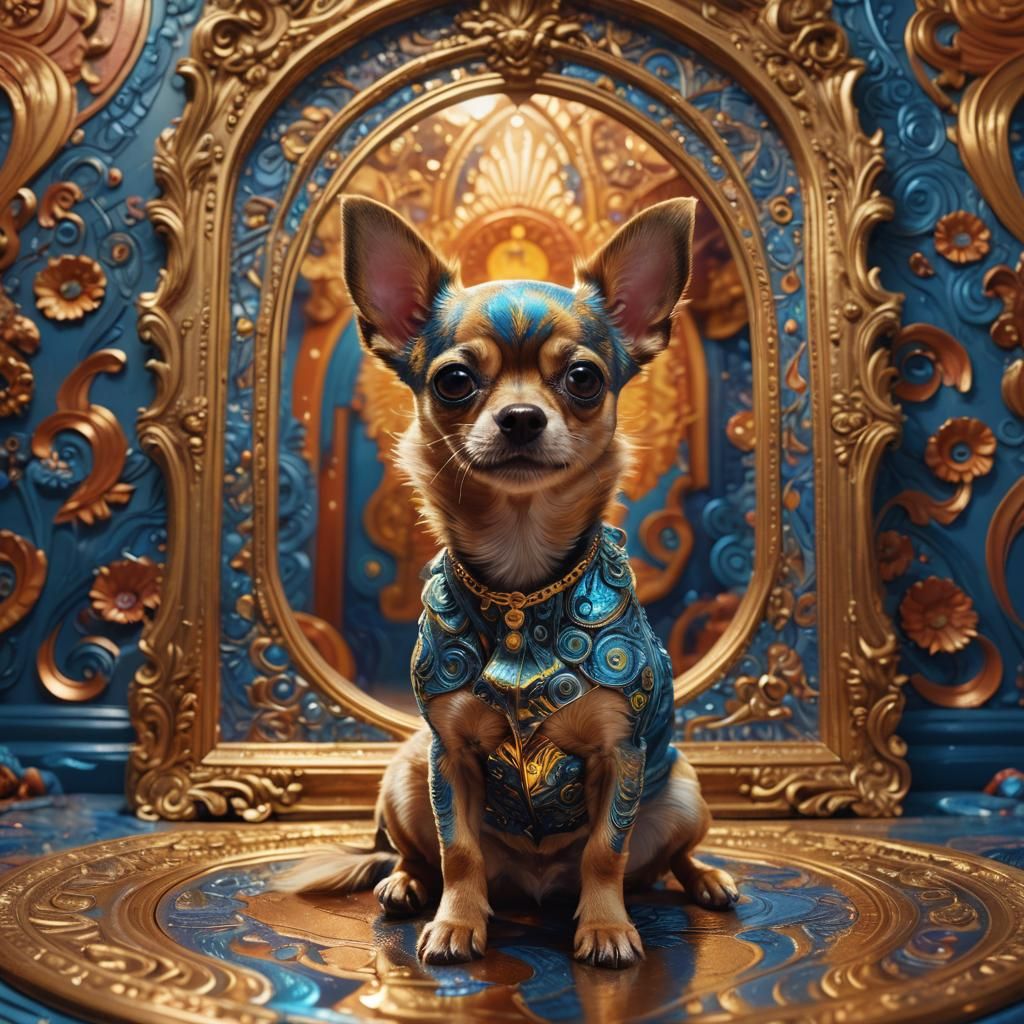 Psychedelic Chihuahua in Golden Mirror: Fantasy Art