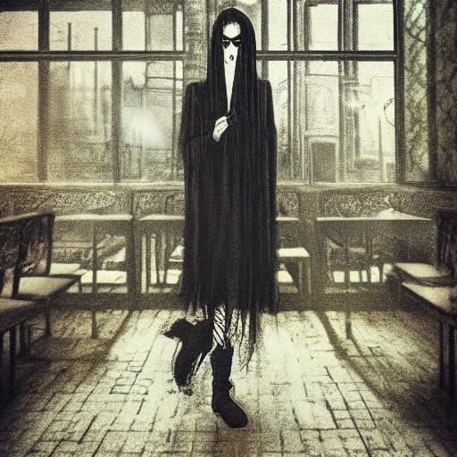 Goth Model in Eerie Dystopian Coffee Shop