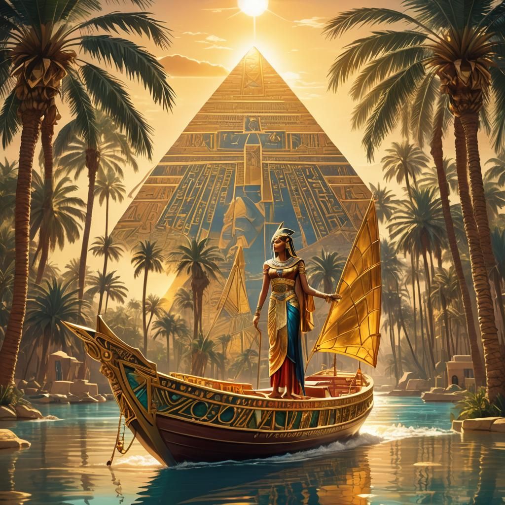 Egyptian Queen on Golden Nile Boat in Art Nouveau