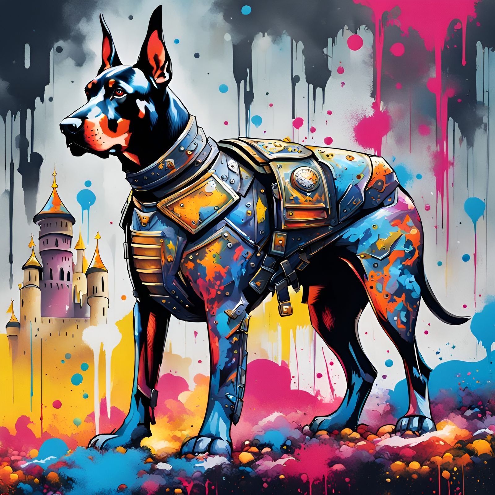 Dobermann in Armor with Blue Accents, Street Art Style