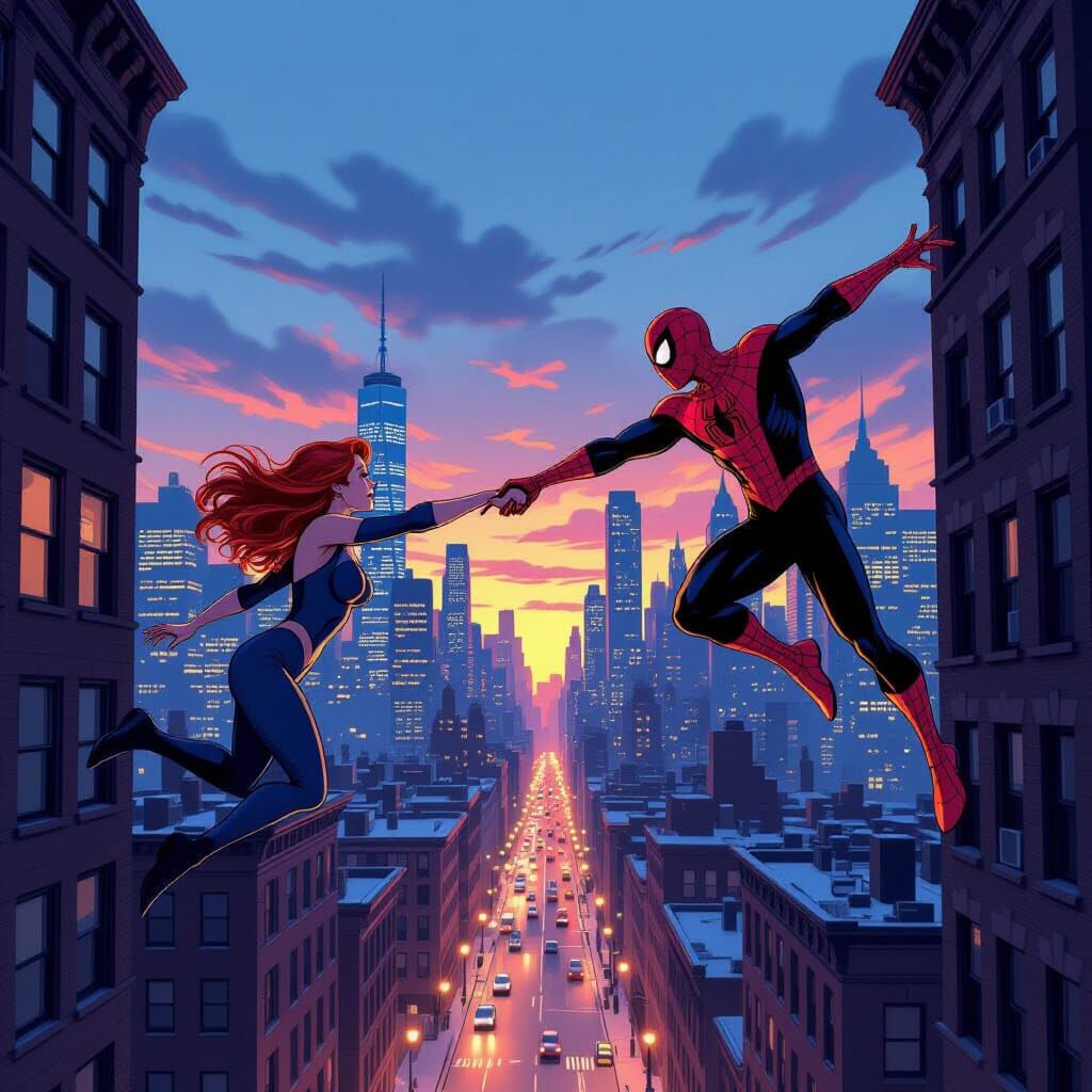 Spider-Man and MJ Reaching Out Over NYC Twilight