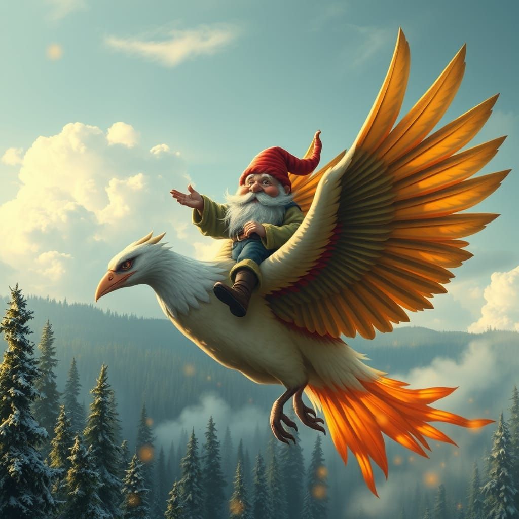 Elderly Gnome Rides Phoenix in Lapland's Canopy