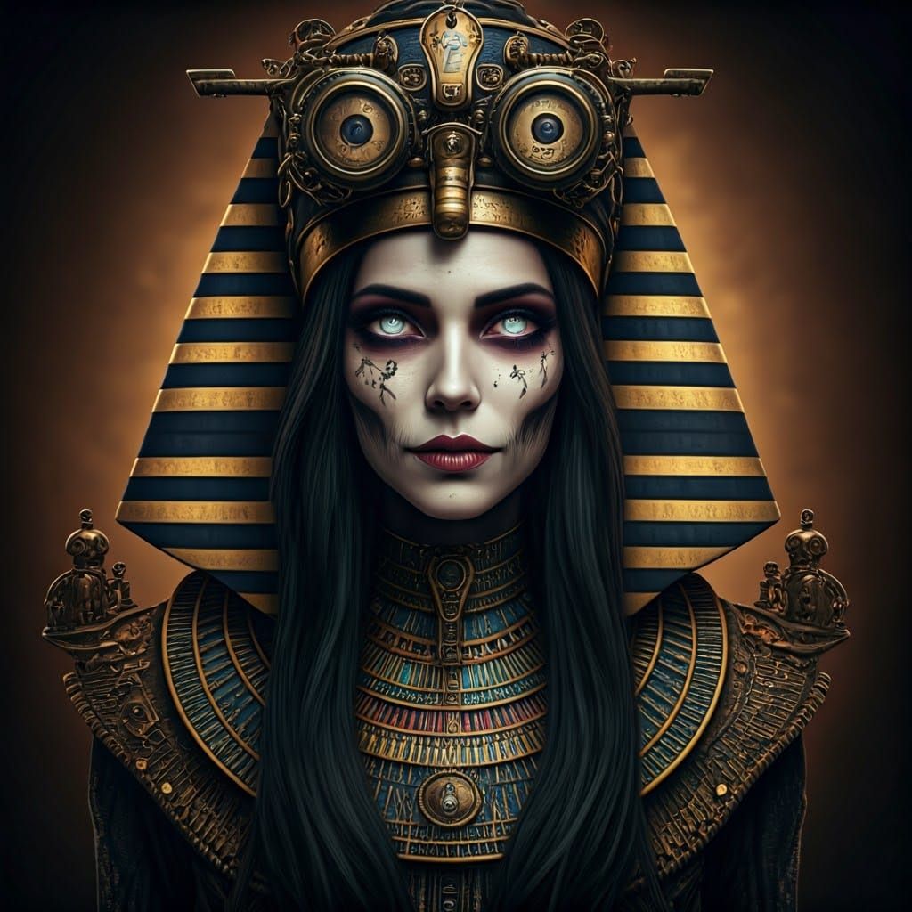Steampunk Pharaoh Woman with Eerie Gaze in Victorian Style