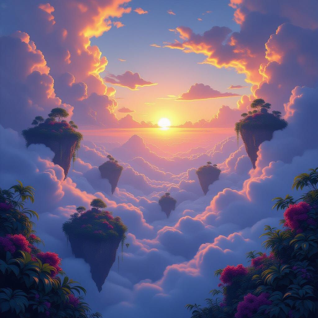 Surreal Dreamscape with Floating Islands at Sunset