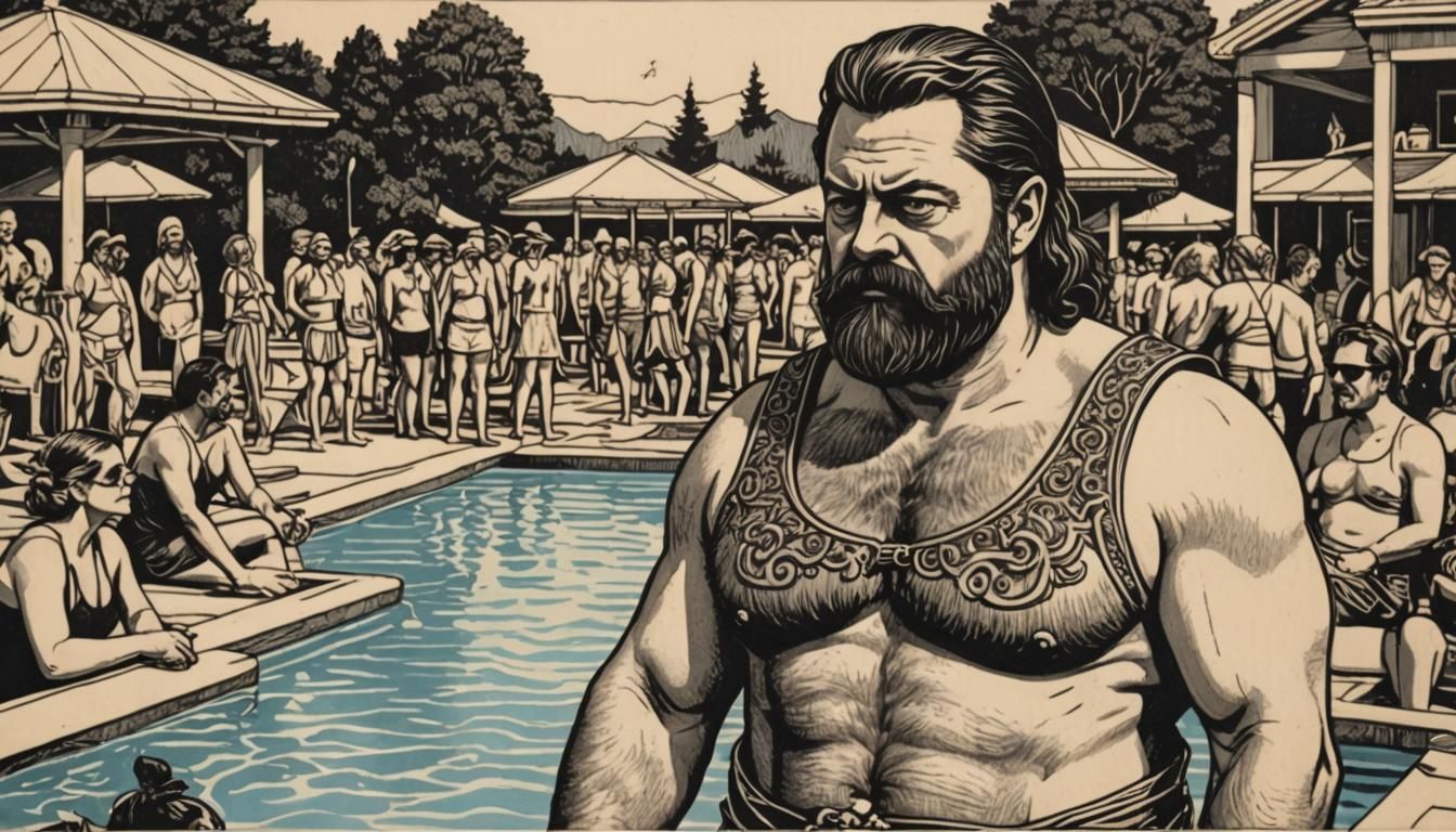 Nick Offerman as Zeus at a pool party. woodcut, linocut