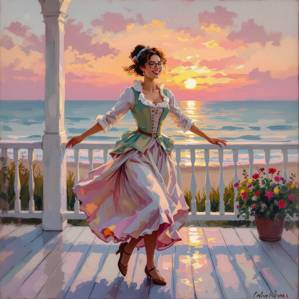 1700s Style Oil Painting of Joyful Woman Dancing by Beach