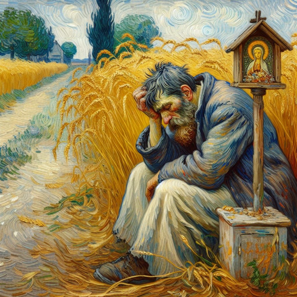 Sorrowful Man at Wayside Shrine in Post-Impressionist Style