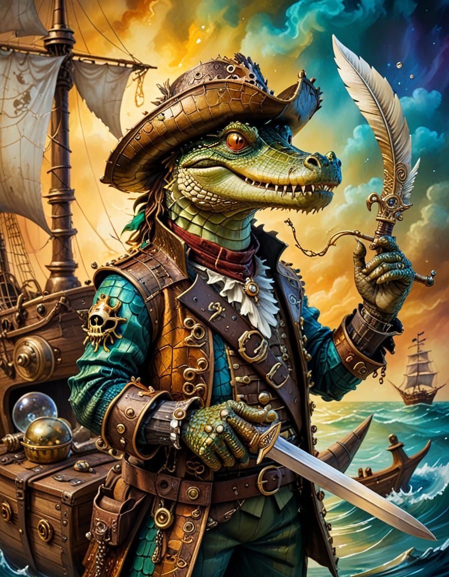 Crocodile Pirate in Surrealist Alcohol Ink Painting