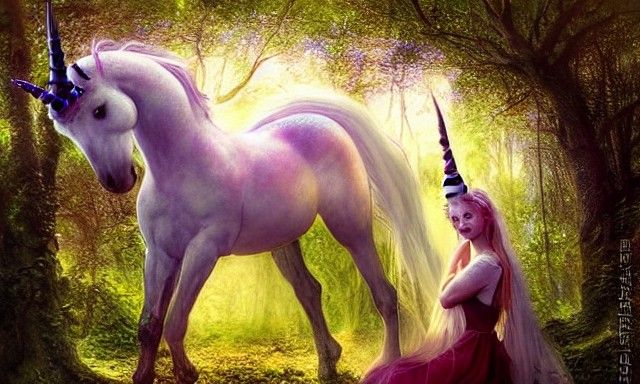 Enchanted Unicorn in Medieval Forest, Fantasy Art
