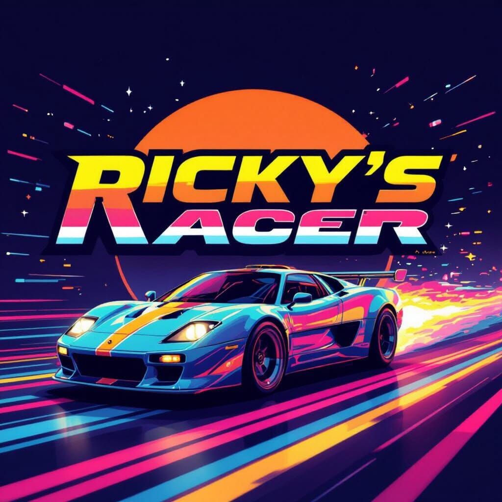 Ricky's Rubber Racer Logo in 80s Arcade Style