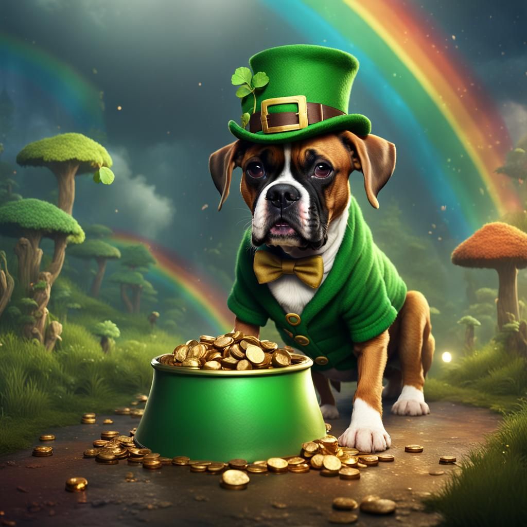 Funny Leprechaun Boxer Dog Seeks Rainbow Treasure