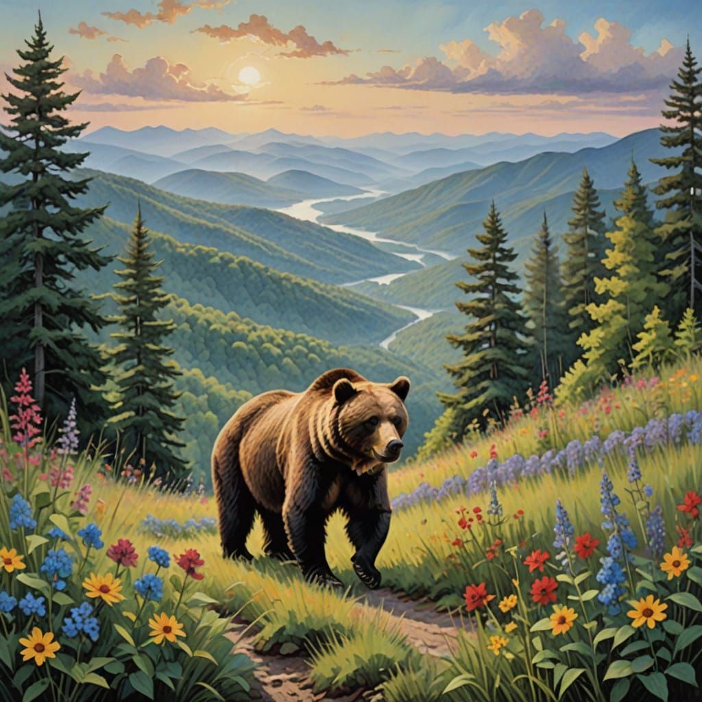 Majestic Blue Ridge Bear in Impressionist Gouache Masterpiec...
