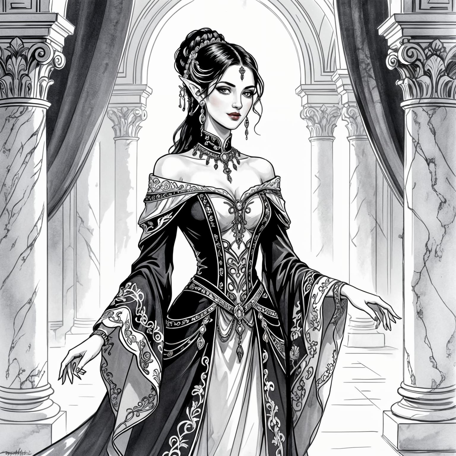 Elegant Elven Noblewoman in Monochromatic Ink Wash