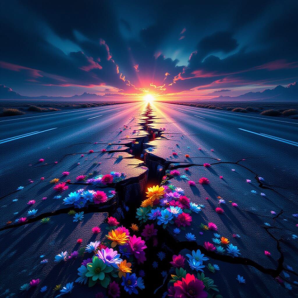 Iridescent Bloom Emerges From Cracked Asphalt