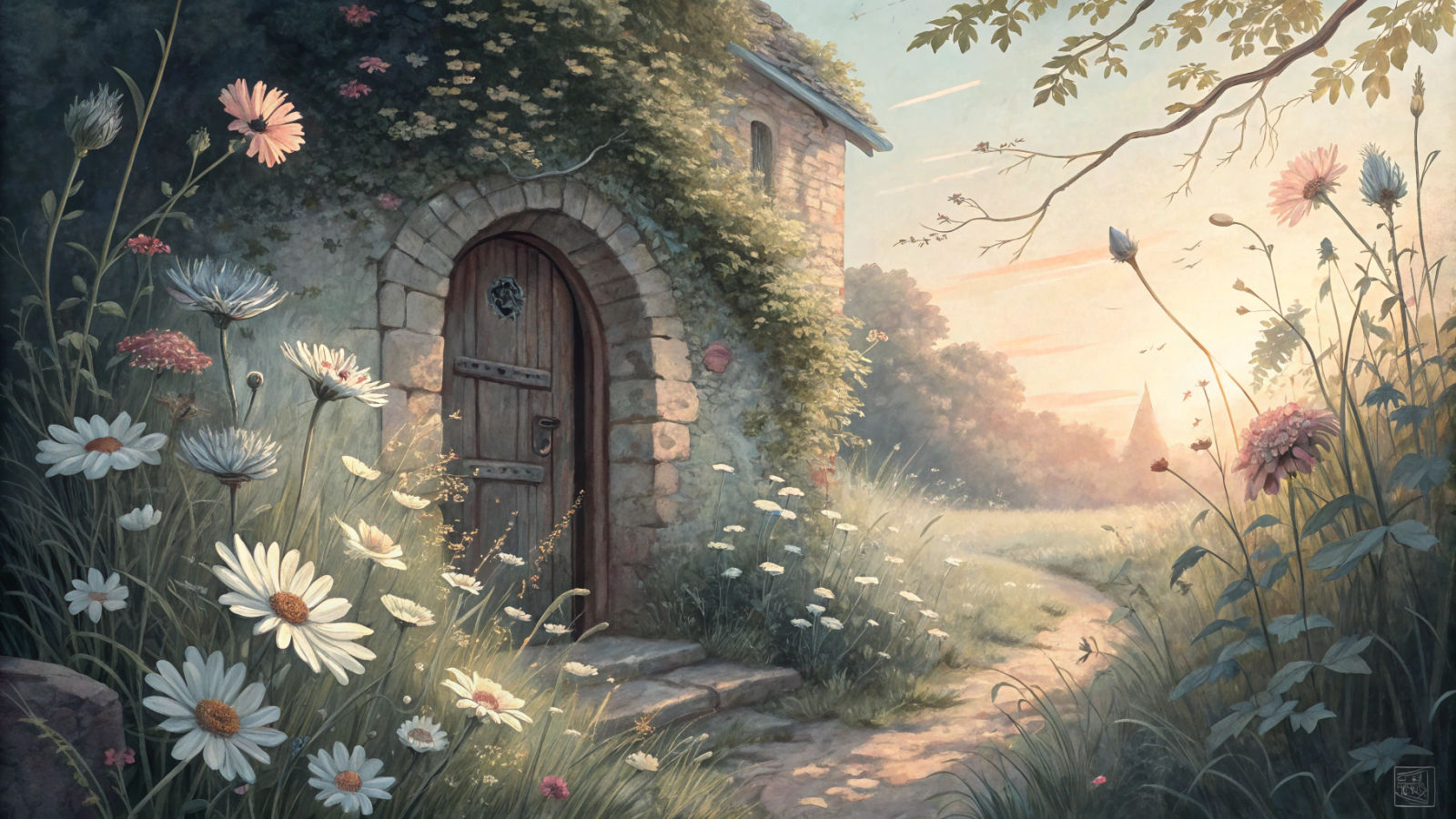 Vintage Scene of Wildflowers in Watercolor Style