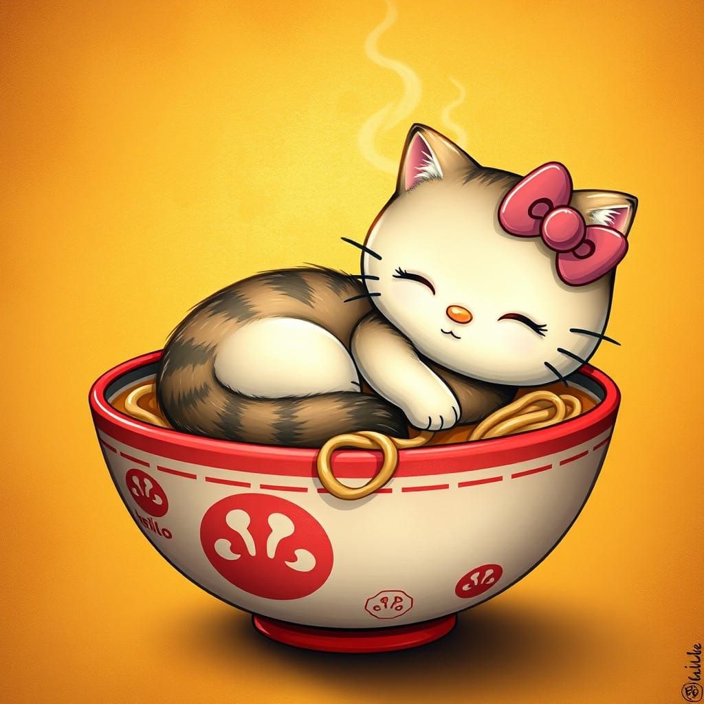 Kawaii Whimsy: Cat in Hello Kitty Ramen Bowl