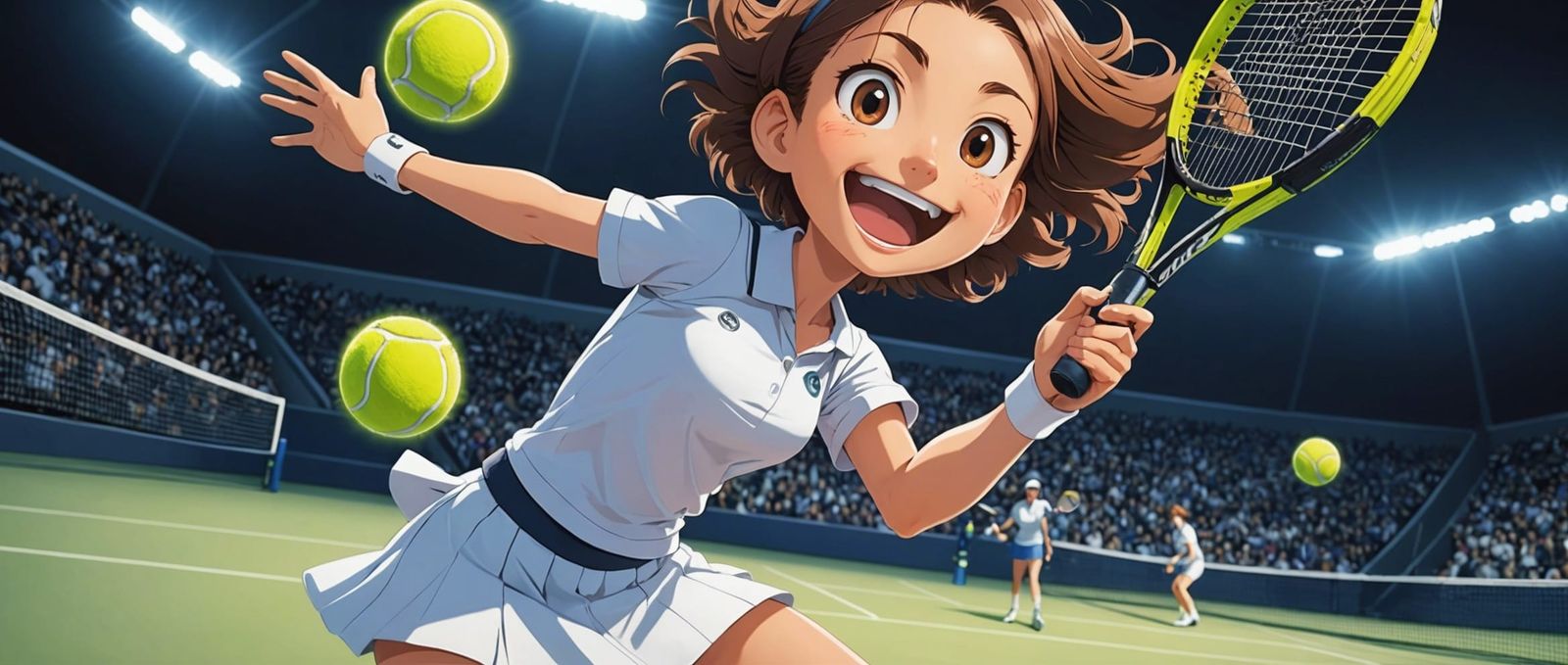Anime Tennis Player Swinging Racket with Balls