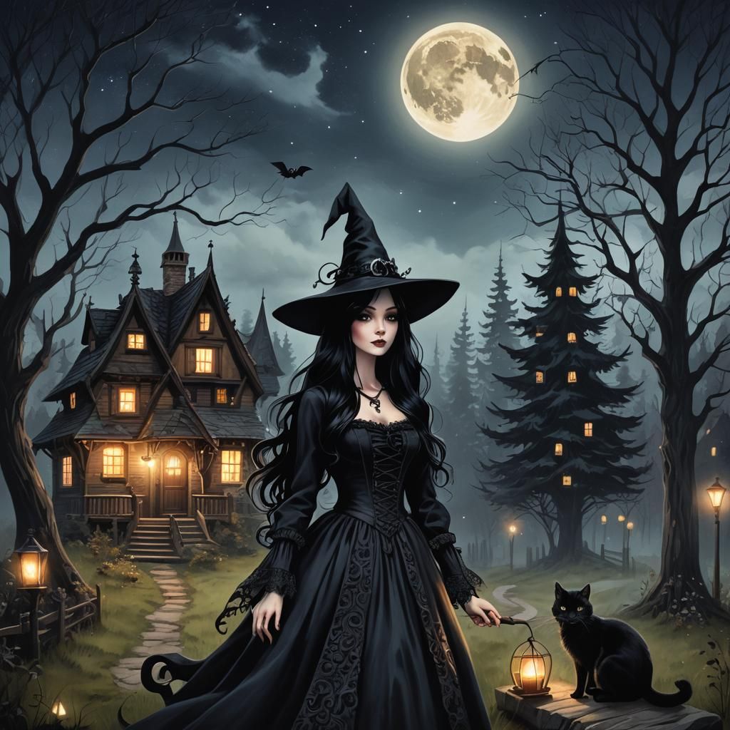 Gothic Witch in Enchanted Forest at Night