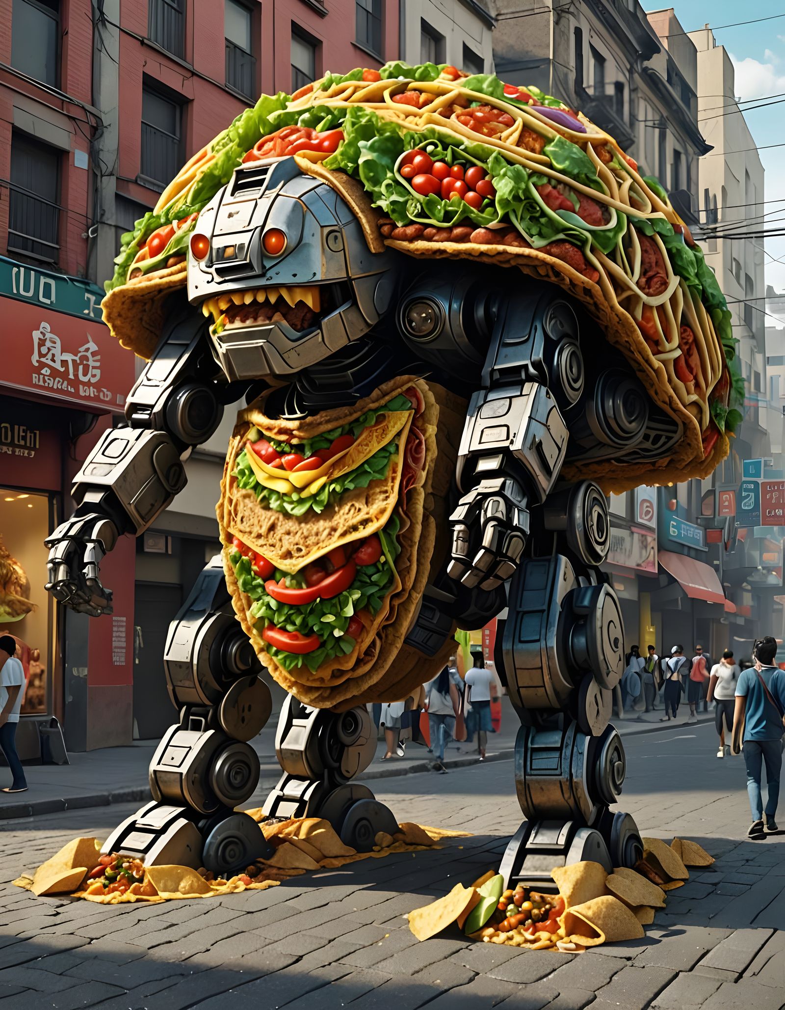 Taco Robot in Mexico City: Hyperrealistic Anime Style
