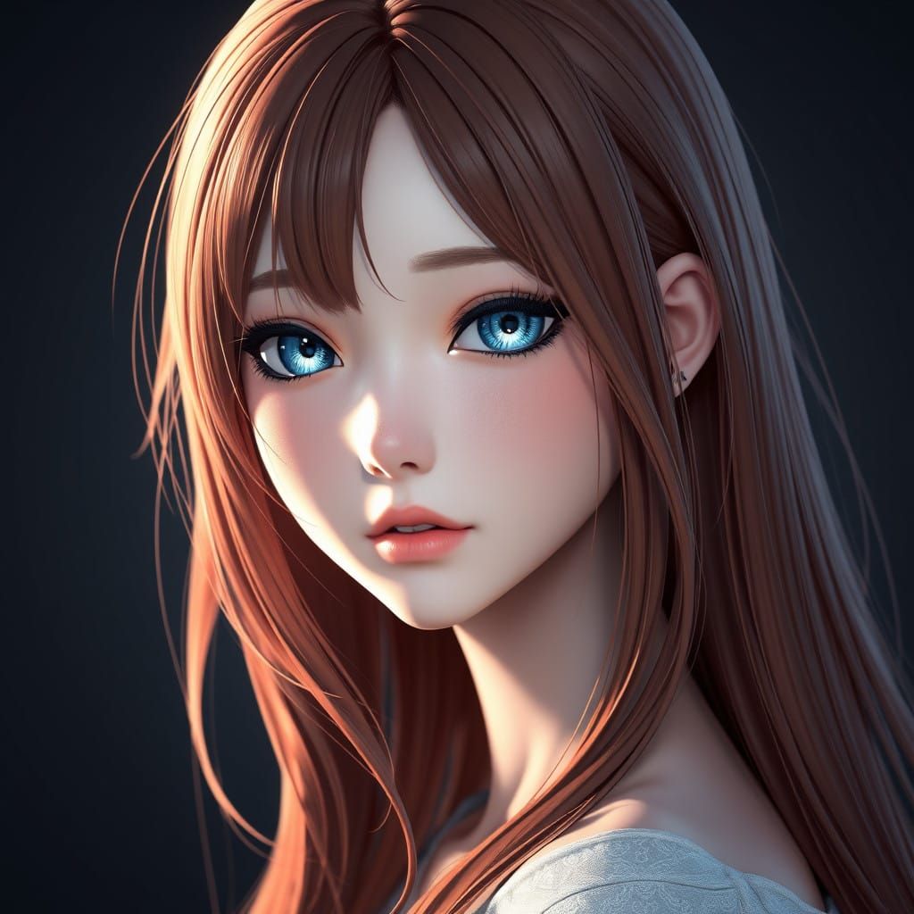 A Girl in Anime Style with Vivid Blue Eyes and Reddish Brown...