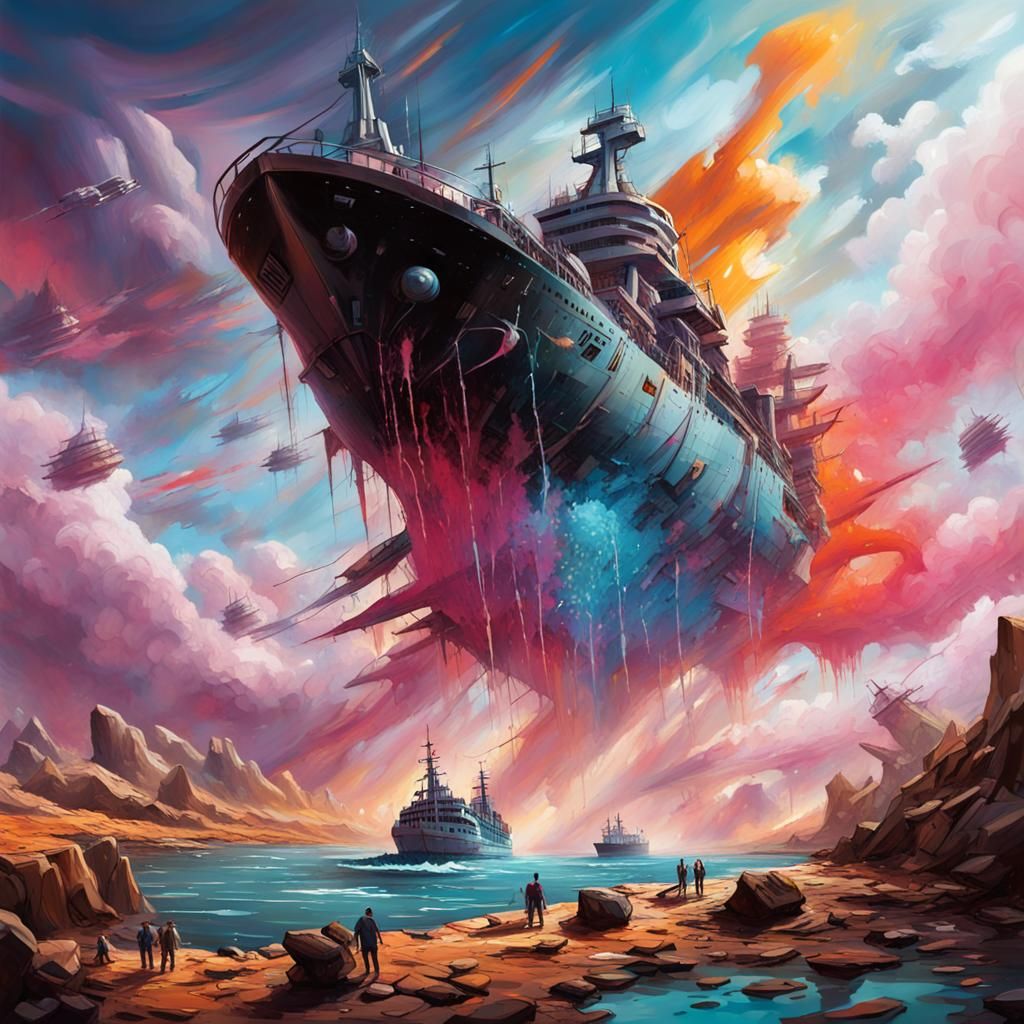 Spaceships Fighting Above Alien Planet in Graffiti Art