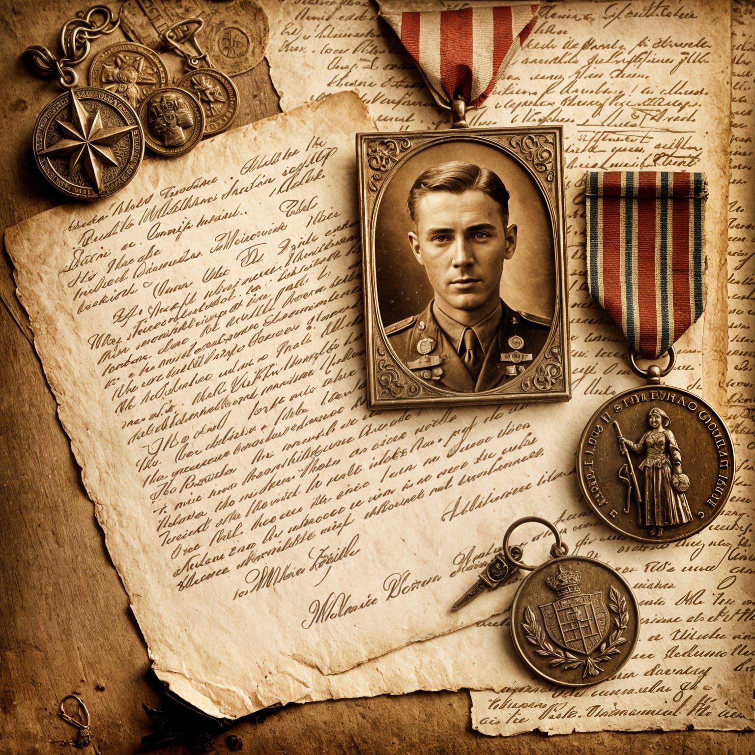 Sepia Remembrance: Wartime Sweetheart in Old Paper Style