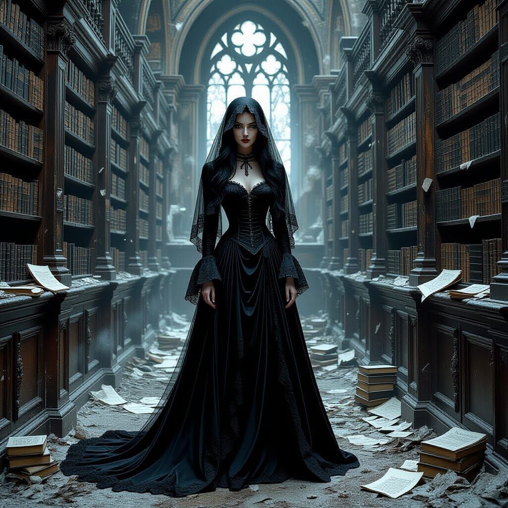 Gothic Woman in Decaying Library, Hyperrealistic Rendering