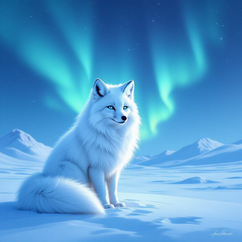 Majestic Arctic Fox Under Aurora Borealis