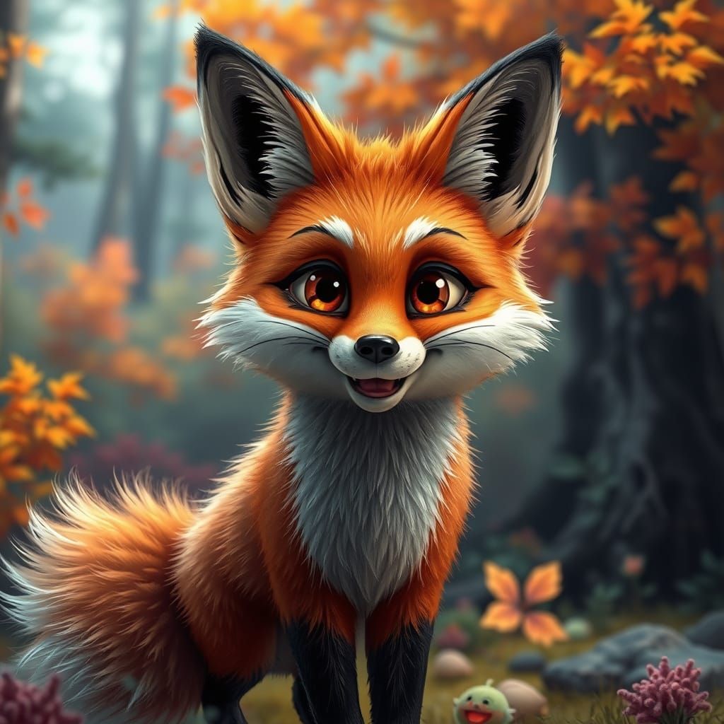 Hyperrealistic Fluffy Fox with Cartoon Eyes in Forest