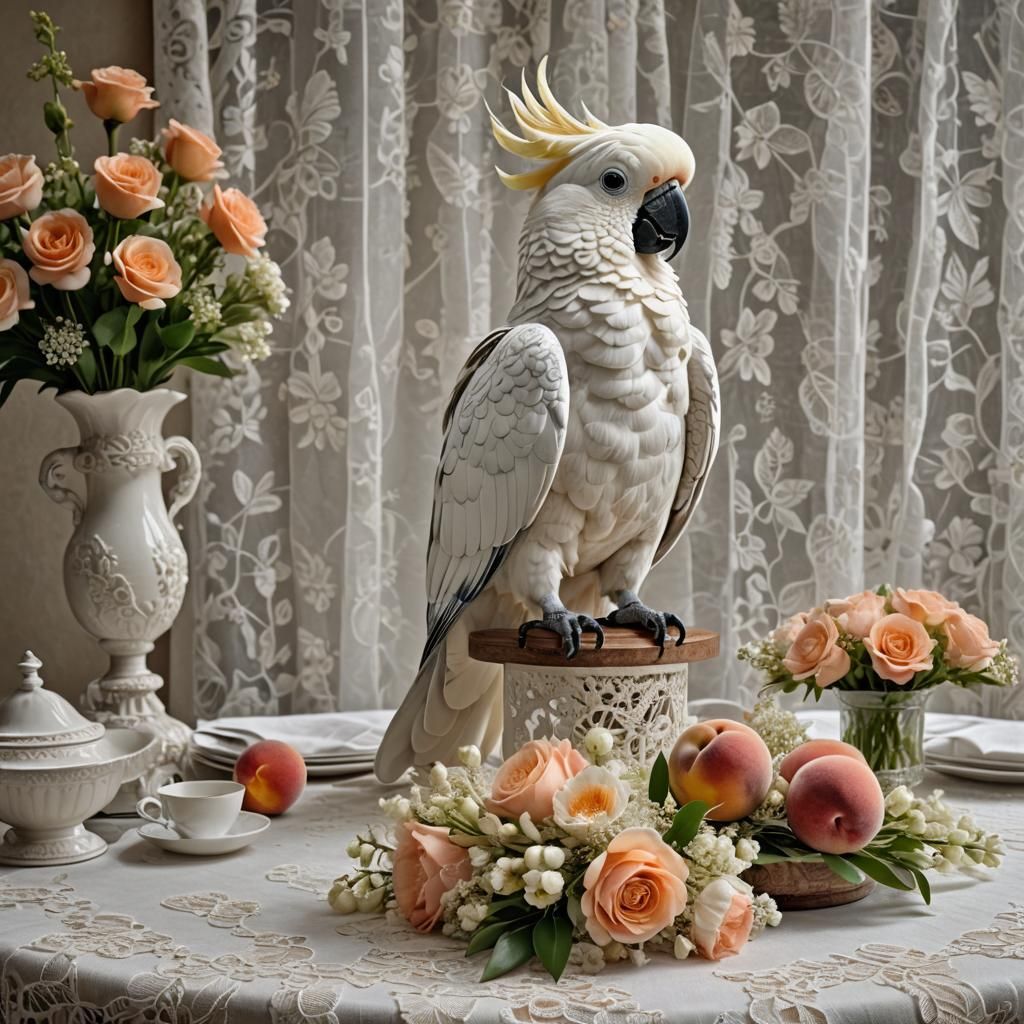Moluccan Cockatoo with Peach Bouquet, Hyperrealistic Image