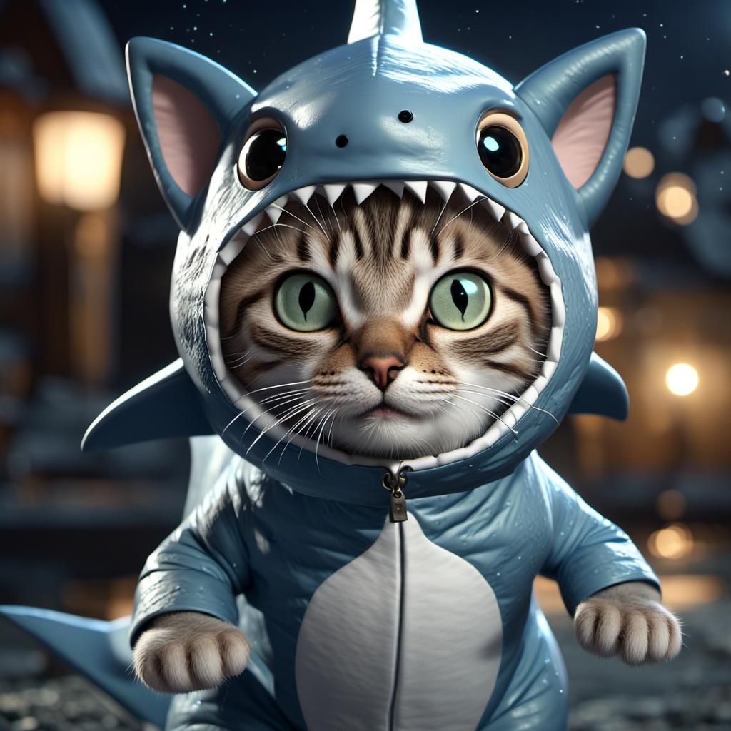 cute cat wearing a shark costume, gorgeous eyes